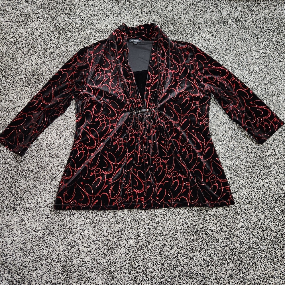 notations womens blouses Velvet Black With Red Glitter Size Large, Beaded Accent